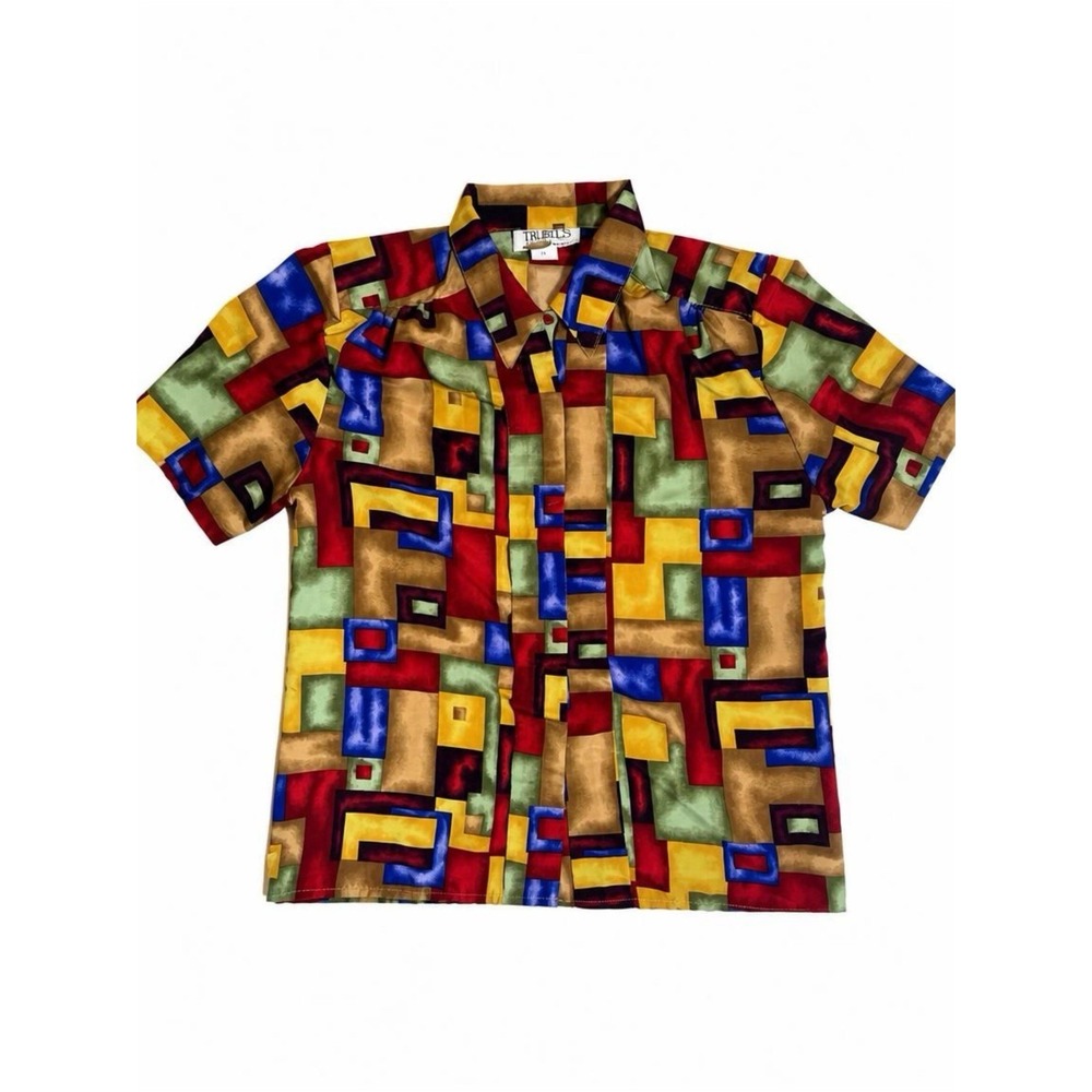 Truffles Women's Vintage Geometric Multicolor Short Sleeve Button Top Size Small